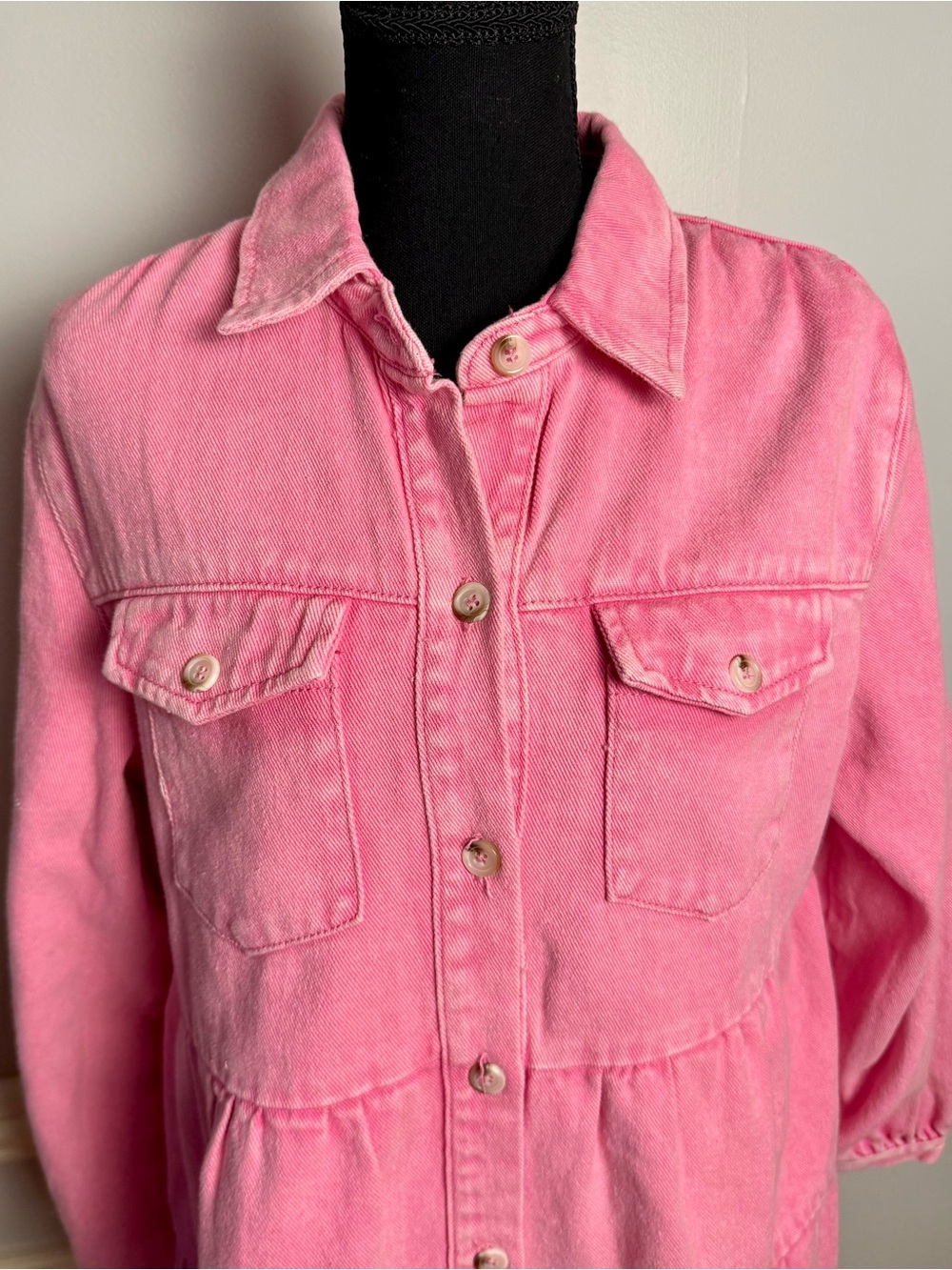 Andrée By Unit Pink Denim Tiered Shirt Dress Button Front Long Sleeve M - Picture 4 of 11